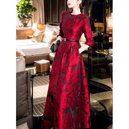 FA42509# 春秋富家千金高级感穿搭立体花朵提花酒红色七分袖连衣裙 服裝批發女裝批發服飾貨源