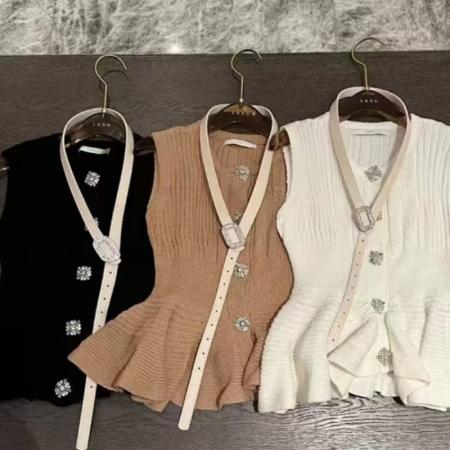 FA42510# LXYG夏设计感收腰荷叶边钻扣腰带冰丝无袖针织开衫修身背心女 服裝批發女裝批發服飾貨源