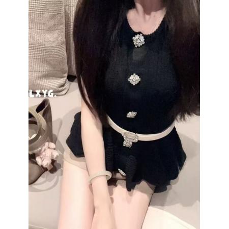 FA42510# LXYG夏设计感收腰荷叶边钻扣腰带冰丝无袖针织开衫修身背心女 服裝批發女裝批發服飾貨源