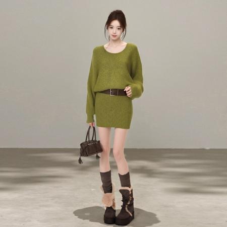 FA42511# 复古甜酷设计感蝙蝠袖长袖针织连衣裙女秋冬新款包臀短裙 服裝批發女裝批發服飾貨源