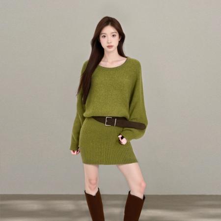 FA42511# 复古甜酷设计感蝙蝠袖长袖针织连衣裙女秋冬新款包臀短裙 服裝批發女裝批發服飾貨源