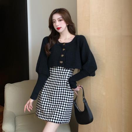 FA42512# 短款针织开衫辣妹格子修身吊带裙套装女秋冬毛衣披肩连衣裙两件套 服裝批發女裝批發服飾貨源