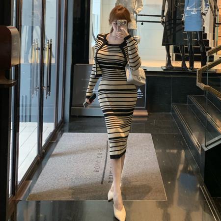 FA42516# 套装女条纹吊带长裙针织开衫两件套 服裝批發女裝批發服飾貨源