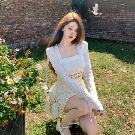 FA42517# 立体镂空纯欲针织抹胸连衣短裙开衫两件套 服裝批發女裝批發服飾貨源