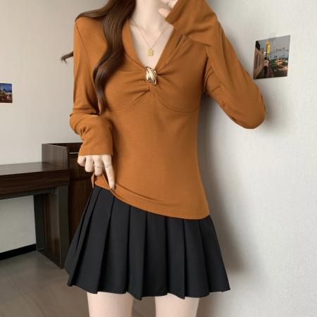 FA42520# 微胖MM扭结设计感长袖T恤女秋冬新款韩版收腰修身打底衫上衣 服裝批發女裝批發服飾貨源