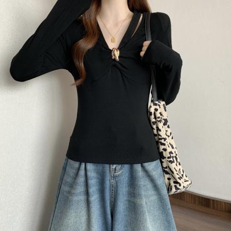 FA42520# 微胖MM扭结设计感长袖T恤女秋冬新款韩版收腰修身打底衫上衣 服裝批發女裝批發服飾貨源