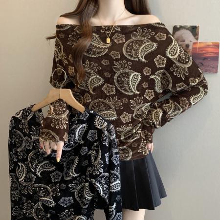 FA42522# 大码MM秋新款优雅腰果花斜肩长袖小衫女上衣衬衫 服裝批發女裝批發服飾貨源