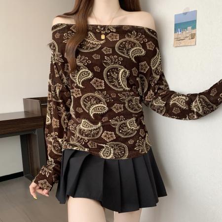 FA42522# 大码MM秋新款优雅腰果花斜肩长袖小衫女上衣衬衫 服裝批發女裝批發服飾貨源
