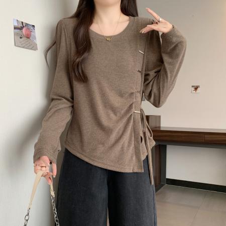 FA42526# 秋季新款胖mm大码不规则系带正肩长袖T恤设计感遮肚上衣 服裝批發女裝批發服飾貨源