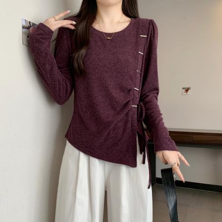 FA42526# 秋季新款胖mm大码不规则系带正肩长袖T恤设计感遮肚上衣 服裝批發女裝批發服飾貨源