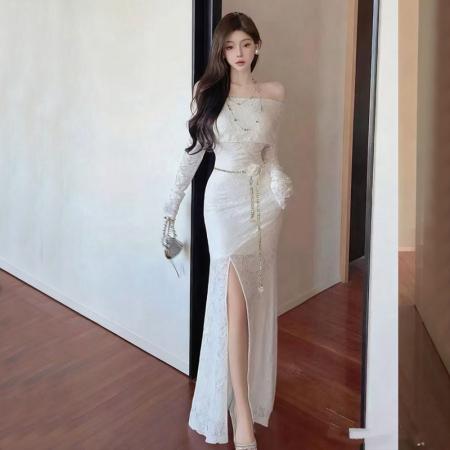 FA42528# 新款修身显瘦中长款包臀鱼尾裙蕾丝一字领连衣裙送腰链 服裝批發女裝批發服飾貨源