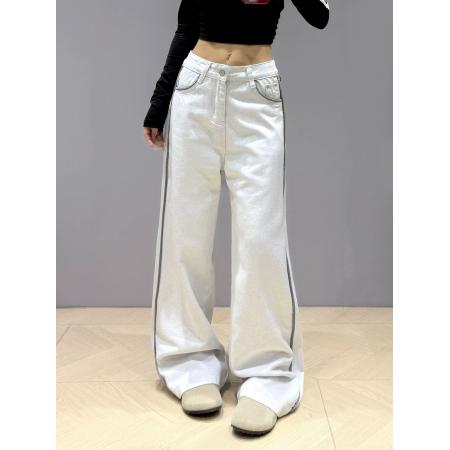 FA42532# 时尚撞色线条设计阔腿牛仔裤女秋新款显瘦简约百搭直筒拖地裤 服裝批發女裝批發服飾貨源