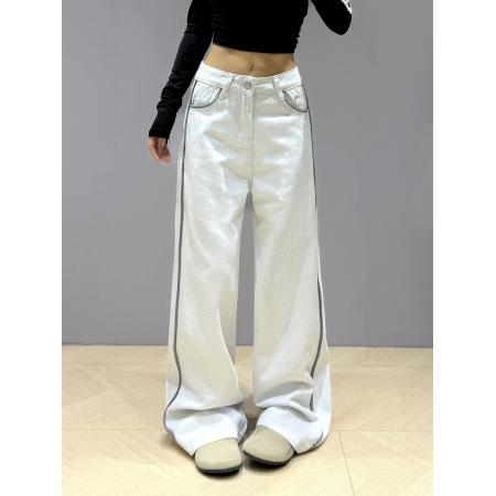 FA42532# 时尚撞色线条设计阔腿牛仔裤女秋新款显瘦简约百搭直筒拖地裤 服裝批發女裝批發服飾貨源