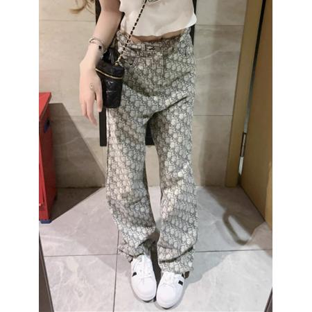 FA42533# 美式韩系满印提花牛仔裤女秋季新款高腰显瘦休闲直筒阔腿长裤 服裝批發女裝批發服飾貨源