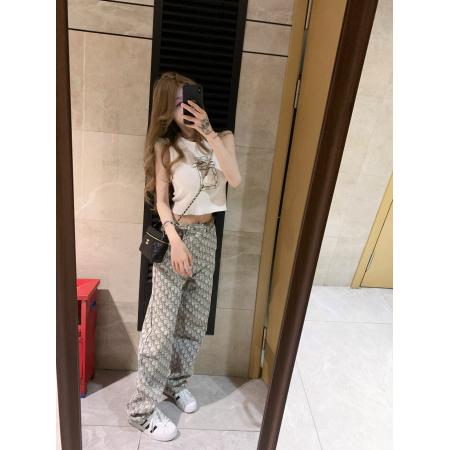 FA42533# 美式韩系满印提花牛仔裤女秋季新款高腰显瘦休闲直筒阔腿长裤 服裝批發女裝批發服飾貨源