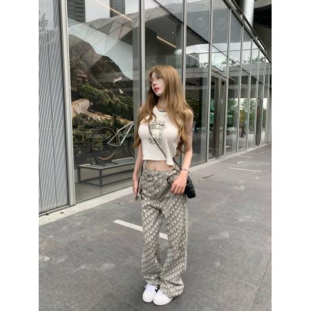 FA42533# 美式韩系满印提花牛仔裤女秋季新款高腰显瘦休闲直筒阔腿长裤 服裝批發女裝批發服飾貨源