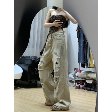 FA42535# 高个子加长美式复古杏色印花破洞牛仔裤女秋季高腰直筒阔腿拖地裤 服裝批發女裝批發服飾貨源