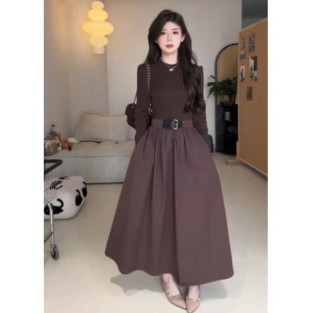 FA42536# 设计感小众拼接高腰连衣裙女秋季新款法式复古气质显瘦中长款裙子 服裝批發女裝批發服飾貨源
