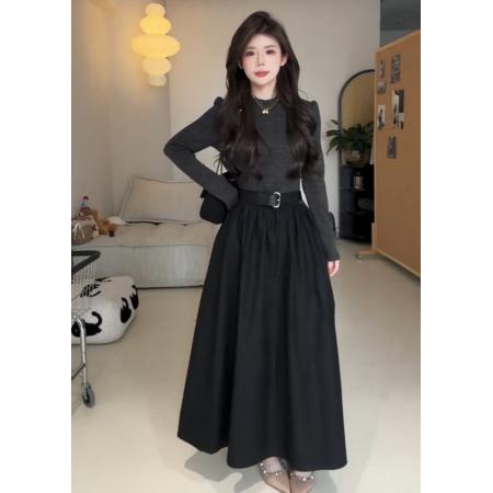 FA42536# 设计感小众拼接高腰连衣裙女秋季新款法式复古气质显瘦中长款裙子 服裝批發女裝批發服飾貨源