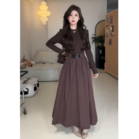 FA42536# 设计感小众拼接高腰连衣裙女秋季新款法式复古气质显瘦中长款裙子 服裝批發女裝批發服飾貨源