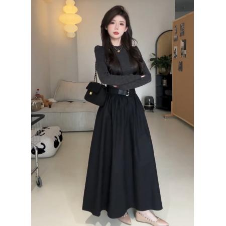 FA42536# 设计感小众拼接高腰连衣裙女秋季新款法式复古气质显瘦中长款裙子 服裝批發女裝批發服飾貨源