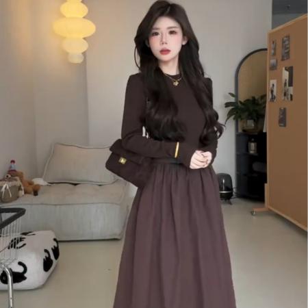 FA42536# 设计感小众拼接高腰连衣裙女秋季新款法式复古气质显瘦中长款裙子 服裝批發女裝批發服飾貨源