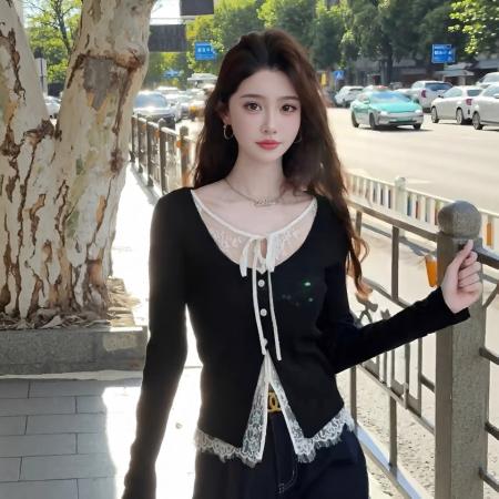 FA42537# 黑色蕾丝系带假两件长袖针织开衫女韩系秋季穿搭高级感别致上衣潮 服裝批發女裝批發服飾貨源