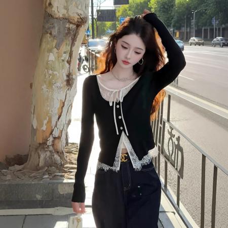 FA42537# 黑色蕾丝系带假两件长袖针织开衫女韩系秋季穿搭高级感别致上衣潮 服裝批發女裝批發服飾貨源