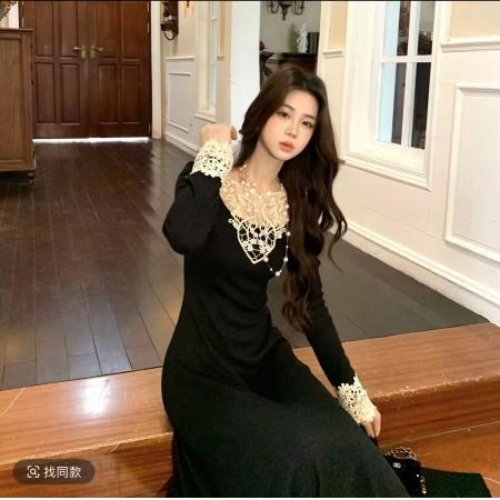 FA42540# 木子李的李墨蕾丝章早秋连衣裙设计感蕾丝拼接长袖针织裙修身裙 服裝批發女裝批發服飾貨源