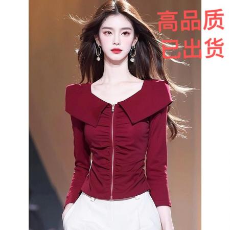 FA42541# 早秋新款洋气高端别致小衫气质法式高级感红色翻领衬衫上衣女 服裝批發女裝批發服飾貨源