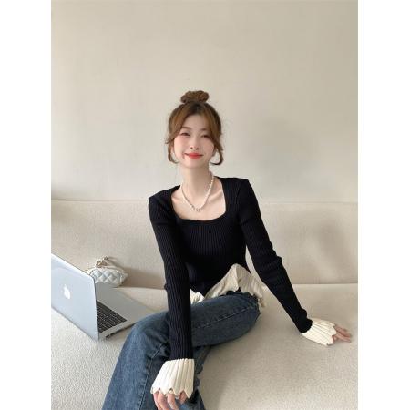 FA42548# 汇兴达针织不规则拼接撞色长袖针织衫女法式方领显瘦打底衫 服裝批發女裝批發服飾貨源