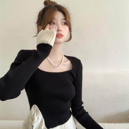 FA42548# 汇兴达针织不规则拼接撞色长袖针织衫女法式方领显瘦打底衫 服裝批發女裝批發服飾貨源