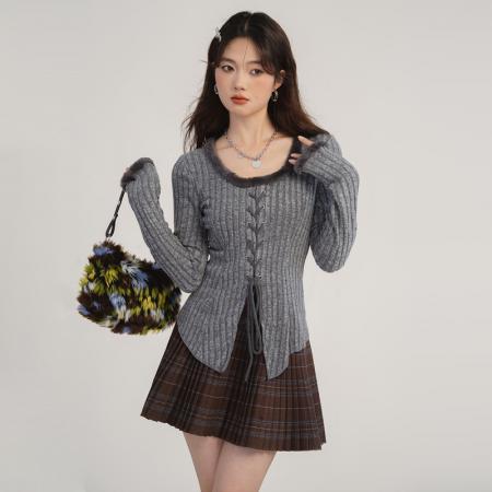 FA42550# 早秋季新款针织衫辣妹小众绑带设计拼接毛边领修身上衣打底衫 服裝批發女裝批發服飾貨源
