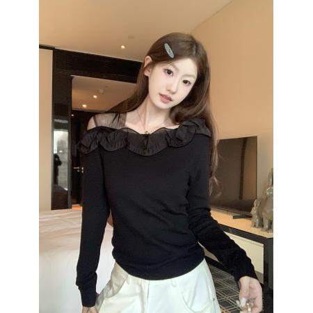 FA42551# 新款法式复古蕾丝花朵拼接针织上衣 服裝批發女裝批發服飾貨源
