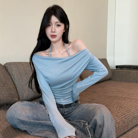 FA42554# 纯欲辣妹露肩吊带假两件T恤秋冬长袖打底衫荡领收腰休闲上衣 服裝批發女裝批發服飾貨源