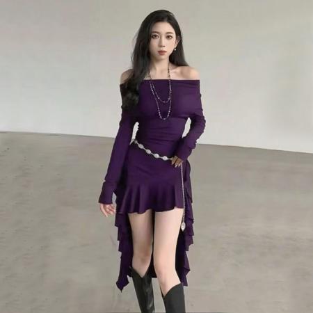 FA42555# 新款韩版时尚一字肩长袖包臀打底连衣裙配腰链 服裝批發女裝批發服飾貨源