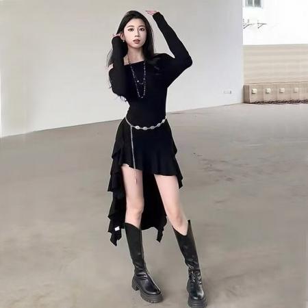 FA42555# 新款韩版时尚一字肩长袖包臀打底连衣裙配腰链 服裝批發女裝批發服飾貨源