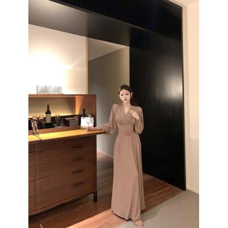 FA42558# 法式高级感气质V领收腰显瘦长袖连衣裙 服裝批發女裝批發服飾貨源