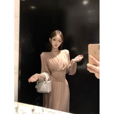 FA42558# 法式高级感气质V领收腰显瘦长袖连衣裙 服裝批發女裝批發服飾貨源