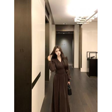 FA42558# 法式高级感气质V领收腰显瘦长袖连衣裙 服裝批發女裝批發服飾貨源