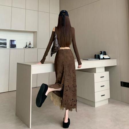 FA42566# 高级感复古咖色半身裙女秋季新款设计感烧花高腰显瘦休闲长裙 服裝批發女裝批發服飾貨源