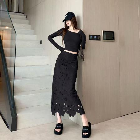 FA42566# 高级感复古咖色半身裙女秋季新款设计感烧花高腰显瘦休闲长裙 服裝批發女裝批發服飾貨源