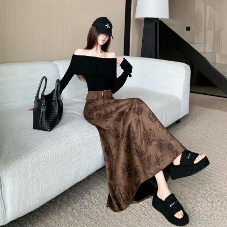 FA42567# 气质复古印花咖色半身裙女秋冬新款设计感高腰显瘦长时尚长裙 服裝批發女裝批發服飾貨源