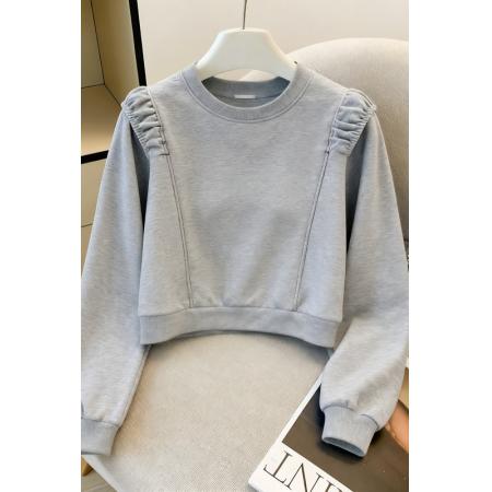 FA42568# 甜妹风灰色短款卫衣女秋款肩袖木耳边设计感小众显瘦长袖上衣 服裝批發女裝批發服飾貨源
