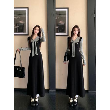 FA42569# 假两件拼接长袖连衣裙女新款收腰法式高级感长裙 服裝批發女裝批發服飾貨源