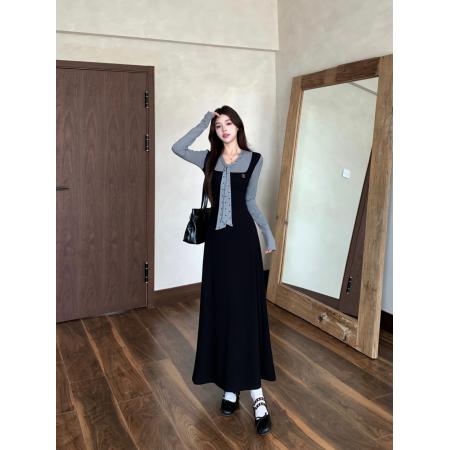 FA42569# 假两件拼接长袖连衣裙女新款收腰法式高级感长裙 服裝批發女裝批發服飾貨源