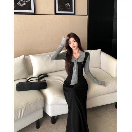 FA42569# 假两件拼接长袖连衣裙女新款收腰法式高级感长裙 服裝批發女裝批發服飾貨源