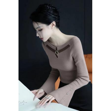 FA42570# 灰咖色一字肩针织衫秋季小众不撞款独特漂亮法式气质修身 服裝批發女裝批發服飾貨源