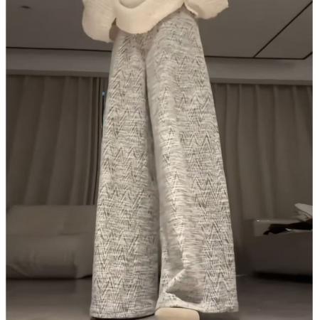 YF5918# 秋冬绑绳高腰菱形提花抗绉柔软毛呢保暖加厚阔腿裤