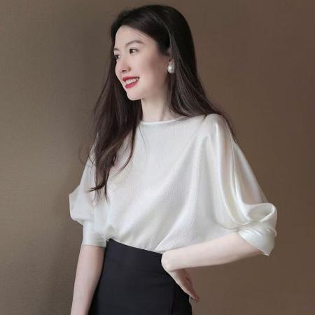 YF5931# 图片色甜美时尚蝙蝠袖卷边套头宽松显瘦简约设计别致雪纺上衣